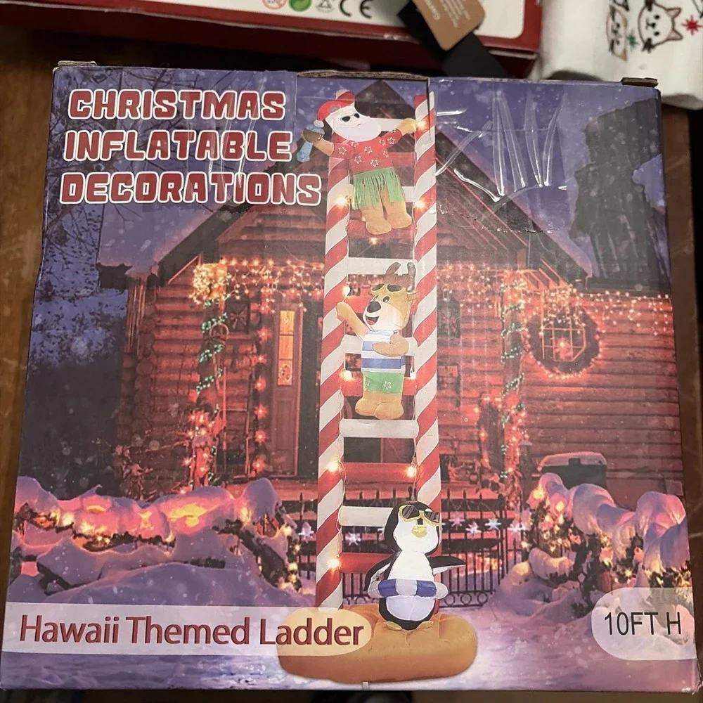10FT Christmas Inflatable Decorations, Giant Ladder Blowups Hawaii Tropical Lawn